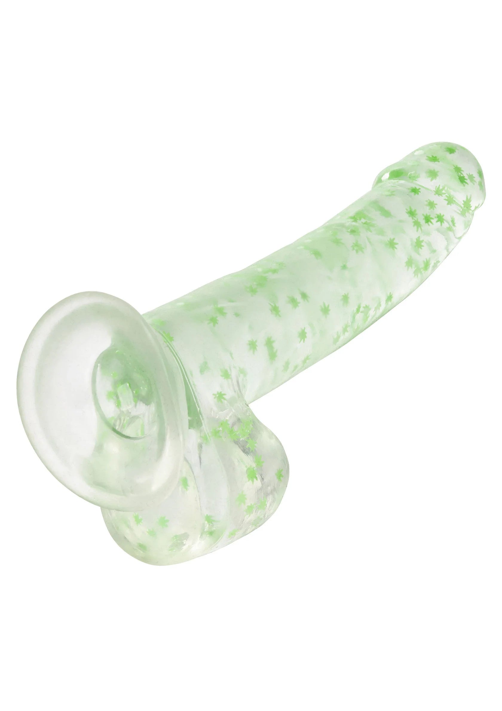 Dichtbij aanzicht van glow-in-the-dark dildo met weed- of bladcirkels en brede kop