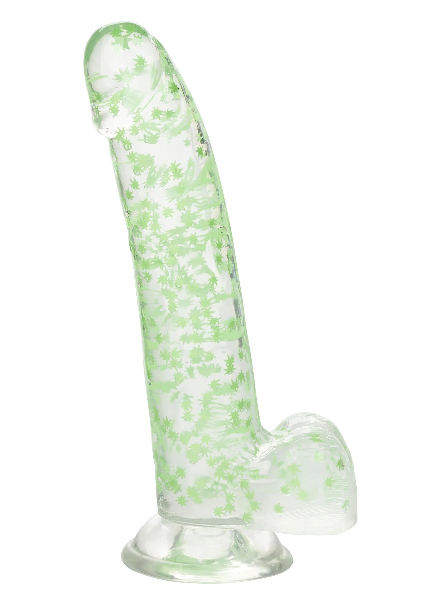Rechtopstaande dildo met weed- of bladcirkels en transparante zuigvoet