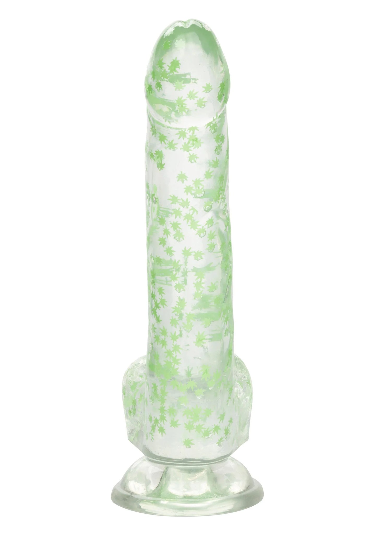 Groene doorzichtige dildo met weed-bladpatroon en brede voet