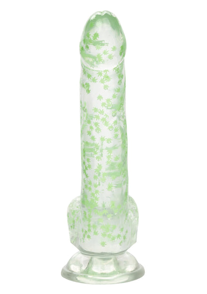 Groene doorzichtige dildo met bladmotief en brede voet