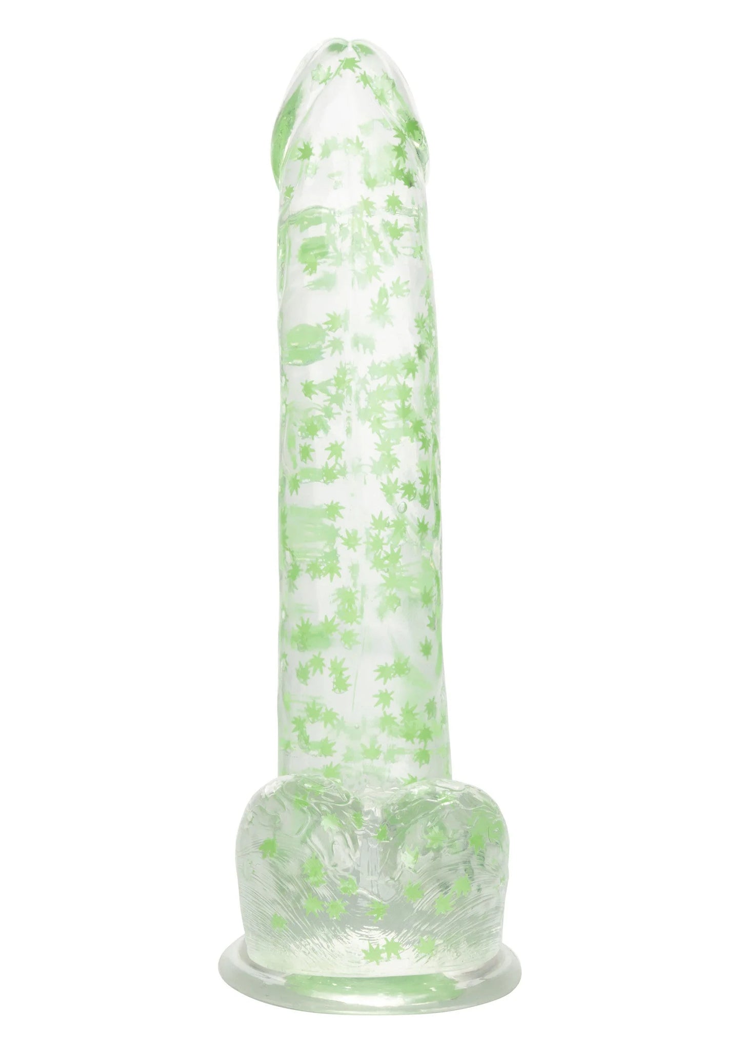 Rechtopstaande glow-in-the-dark dildo met weed- of bladcirkels en platte basis