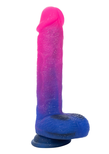 Vibrerende dildo ombré roze en blauw met textuur en brede platte voet