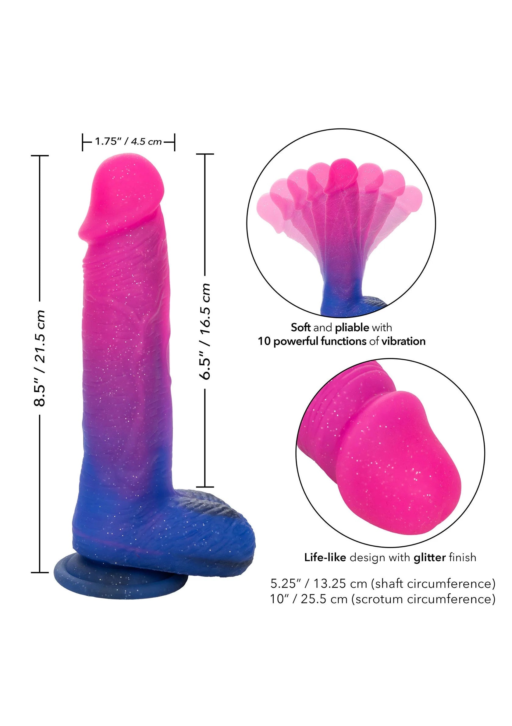 Vibrerende dildo ombré roze-blauw met afmetingen en glitterachtige finish