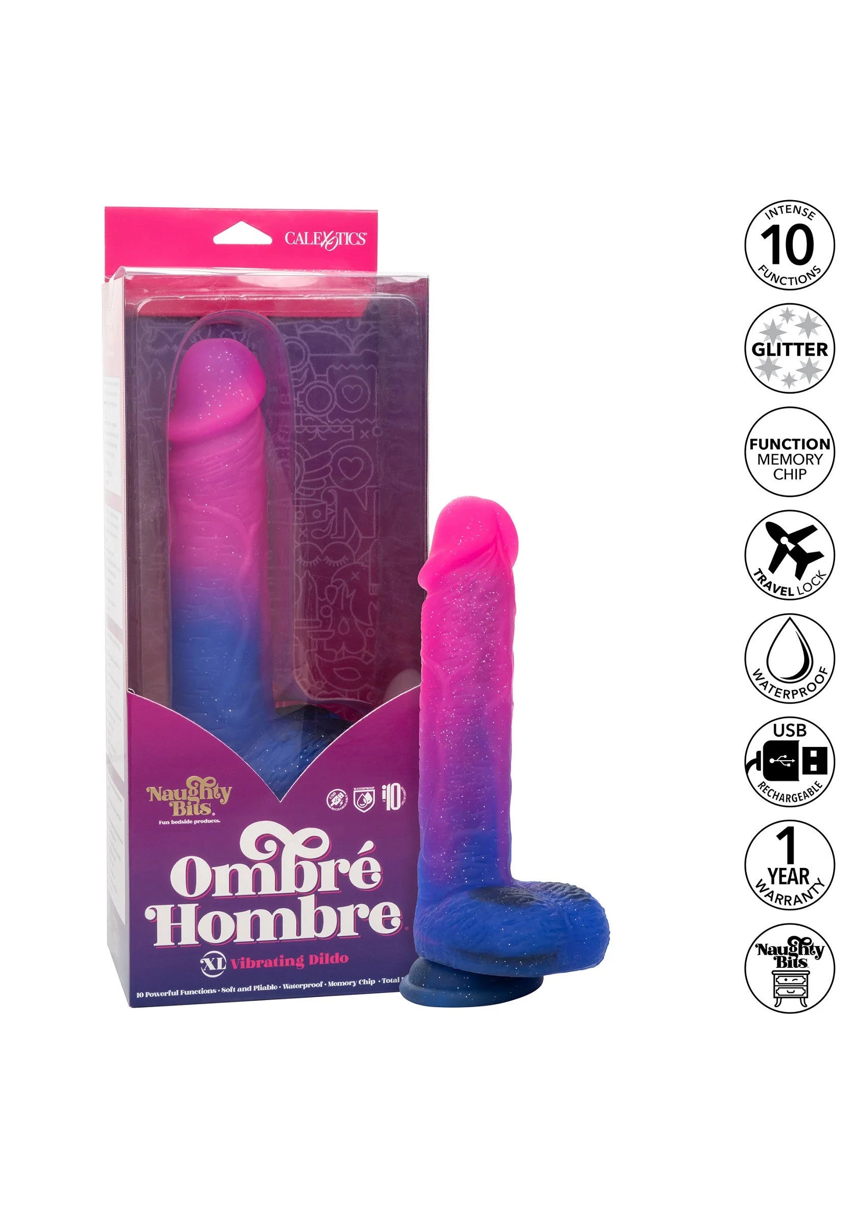 CalExotics ombré Hombre vibrerende dildo met specificatie-iconen, roze en blauw