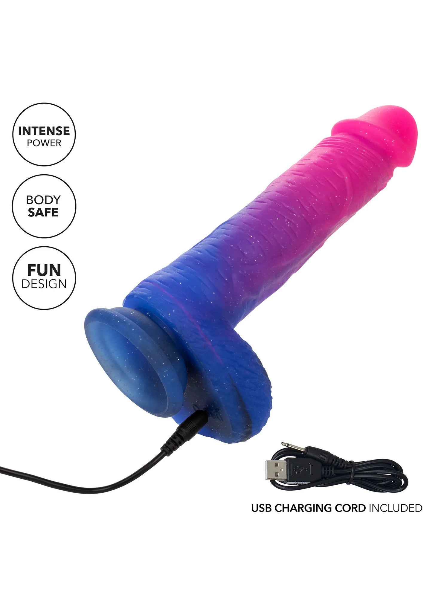 Vibrerende dildo ombré roze-blauw met USB-oplaadkabel, opzij bekeken