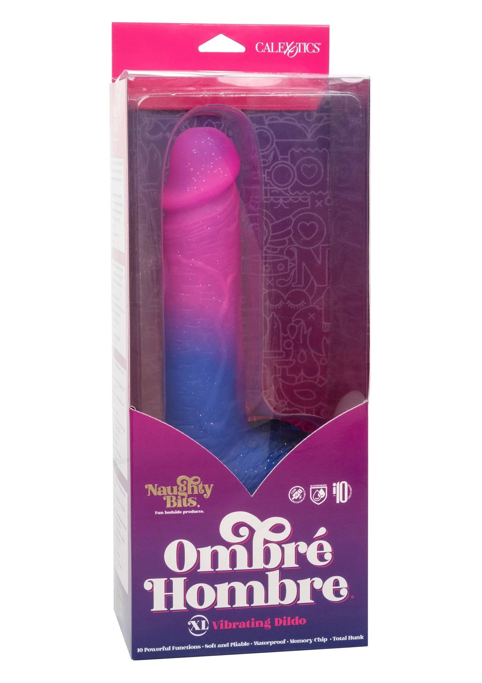 Verpakking van CalExotics ombré Hombre vibrerende dildo in roze en blauw
