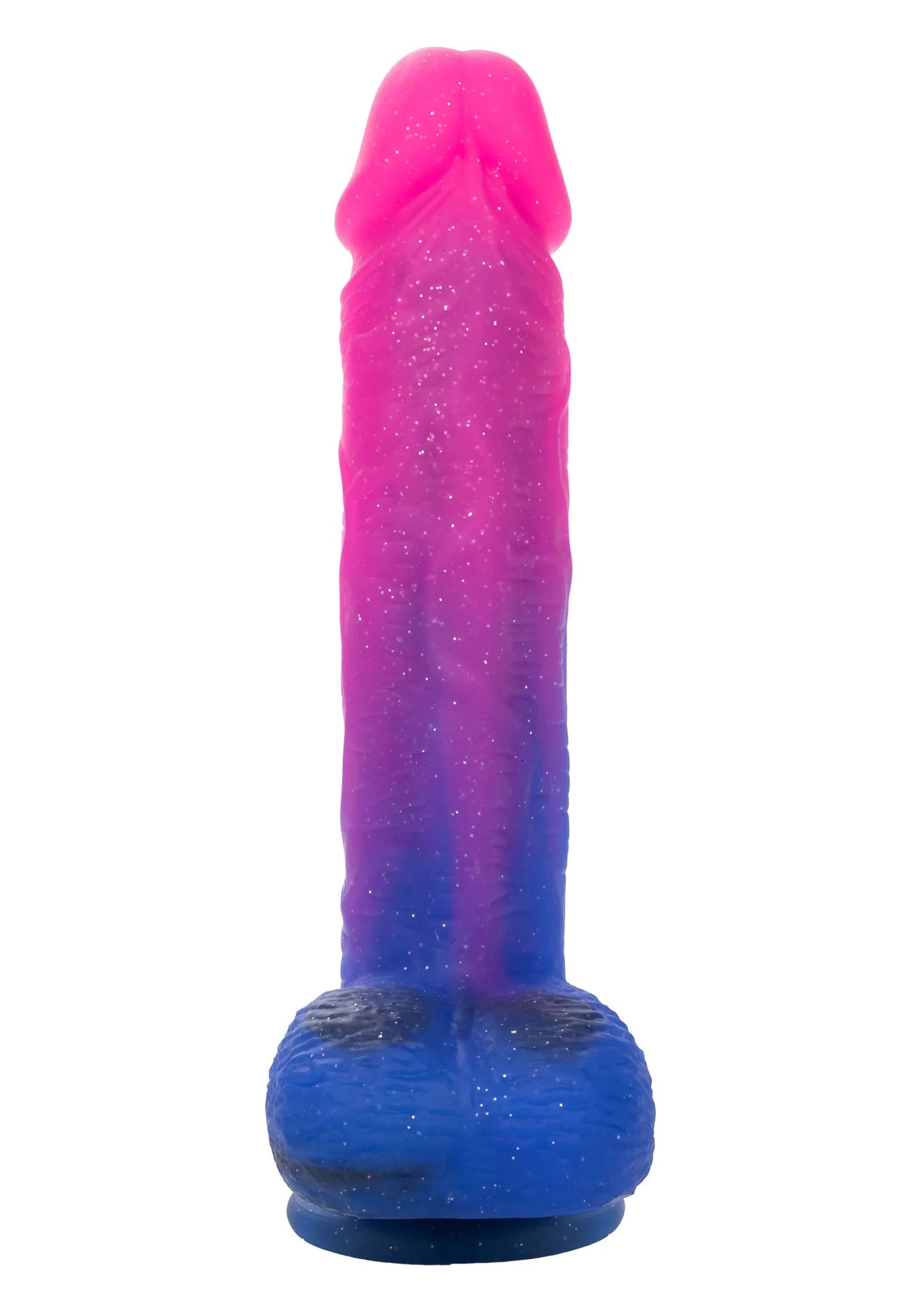 Vibrerende dildo staand, ombré van roze boven naar blauw onder, met brede voet.