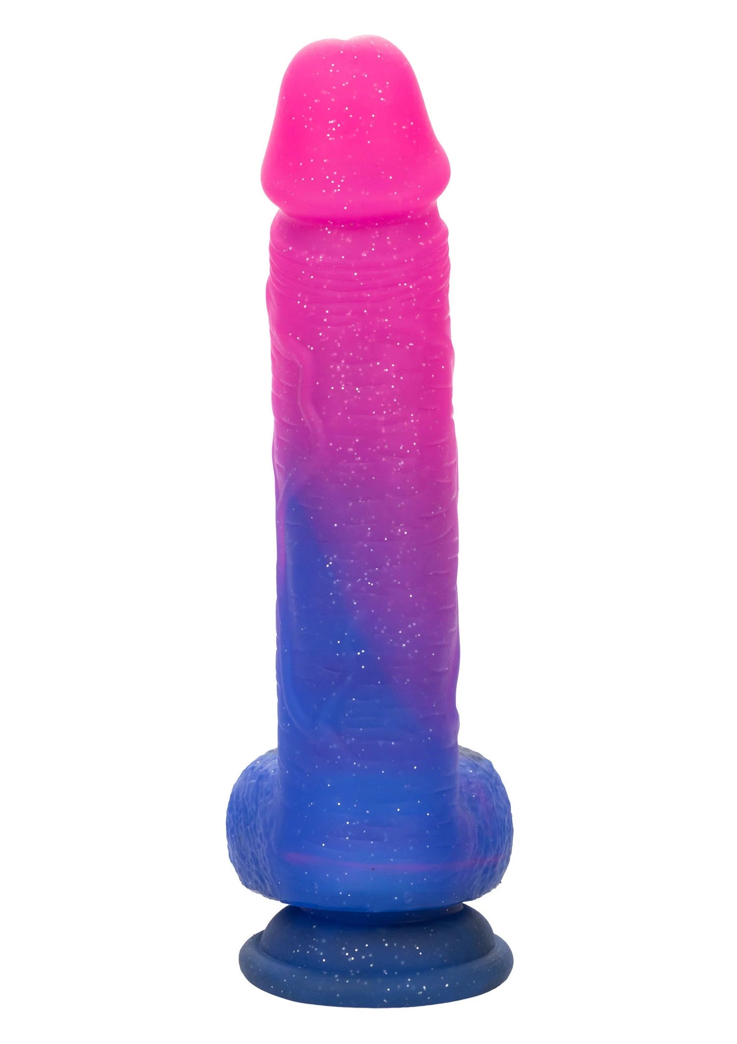 Vibrerende dildo met afgeronde top en brede basis, ombré roze-blauw met glitters.