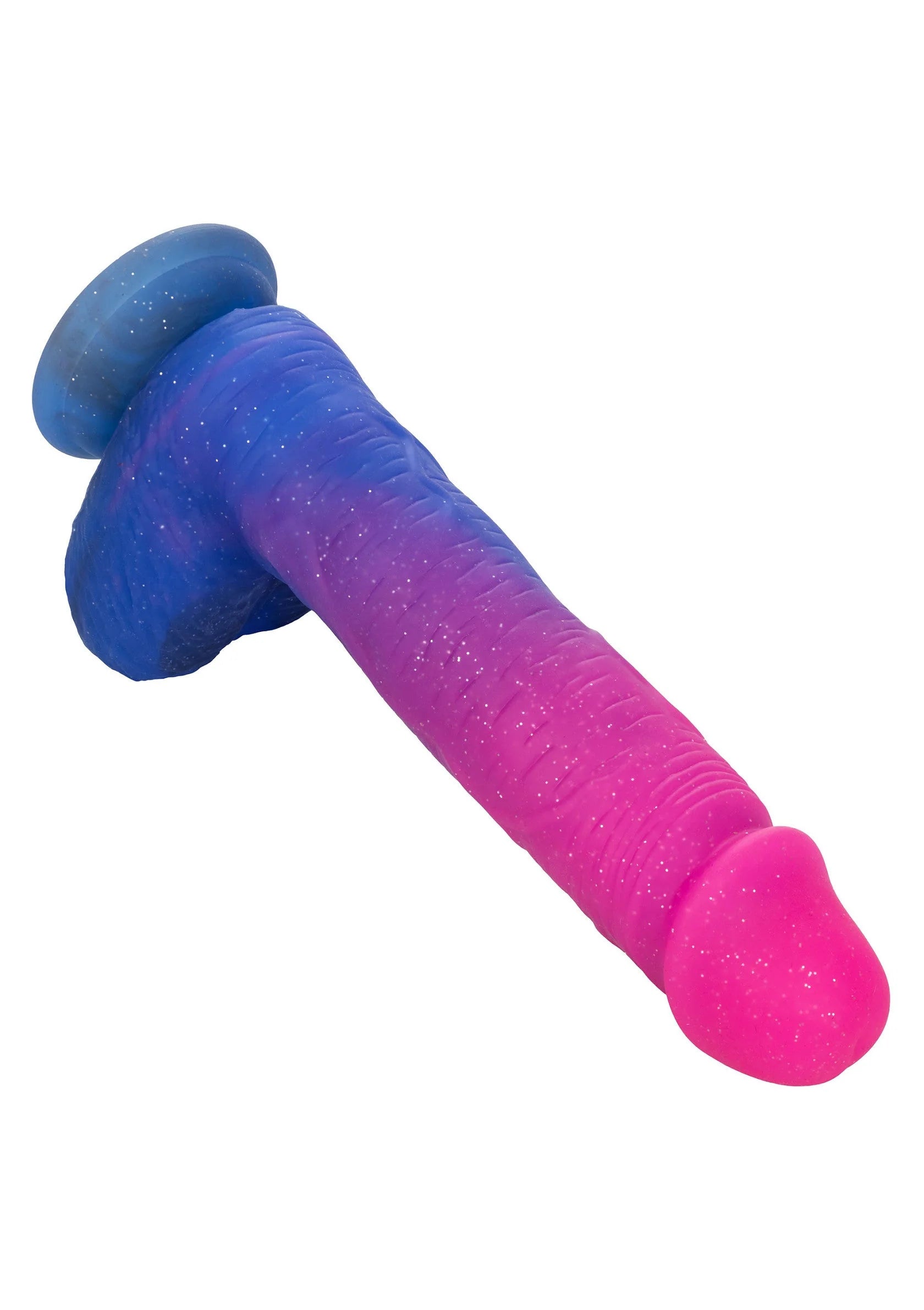 Vibrerende dildo schuin, afgeronde kop en verdikte voet, ombré roze naar blauw.