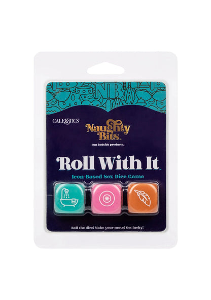 Seksdobbelspel Roll With It: drie icon-dobbelstenen in CalExotics blisterverpakking