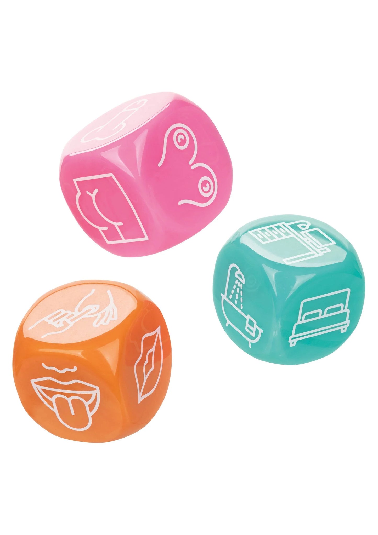 Drie icon-dobbelstenen: roze, oranje en turquoise met sekssymbolen