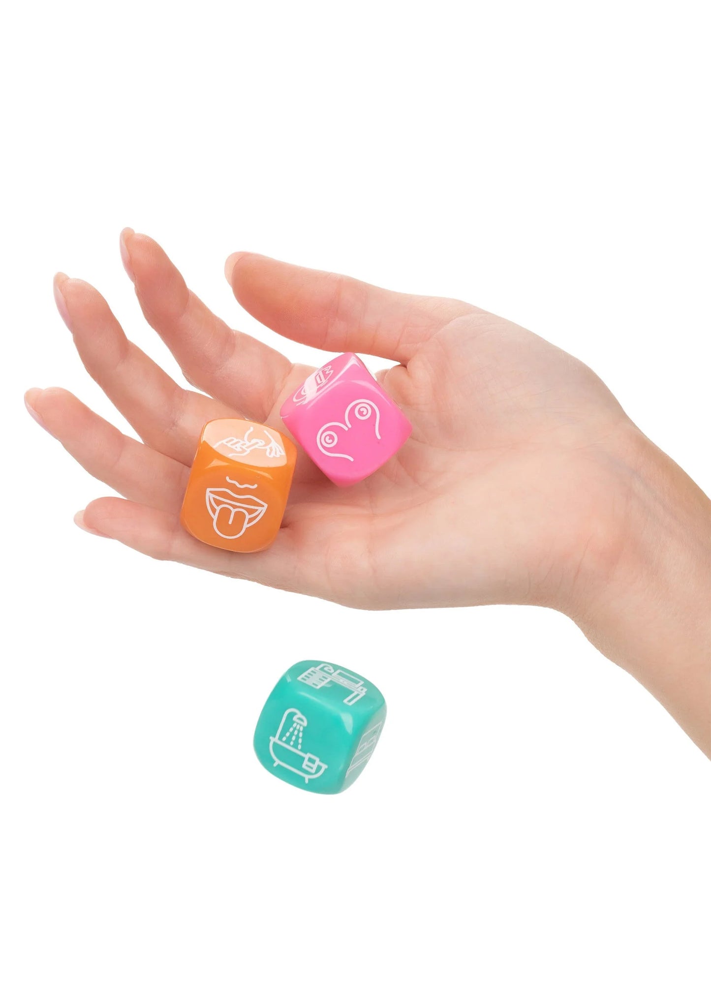 Hand met icon-dobbelstenen: roze, oranje en turquoise met sekssymbolen