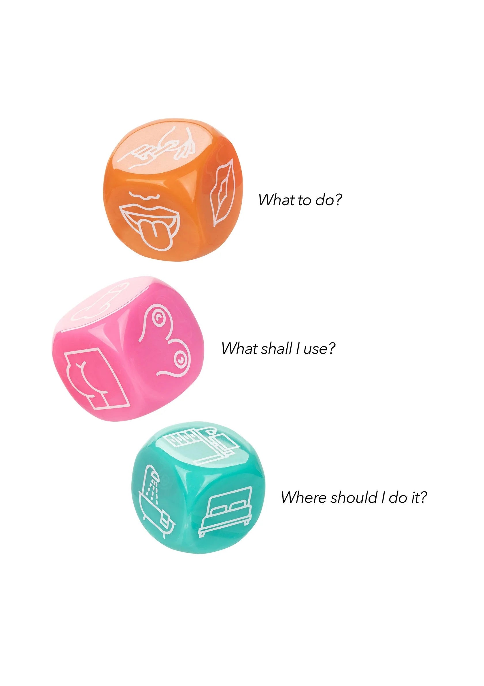Icon-dobbelstenen met roze, oranje en turquoise sekssymbolen en vraagteksten
