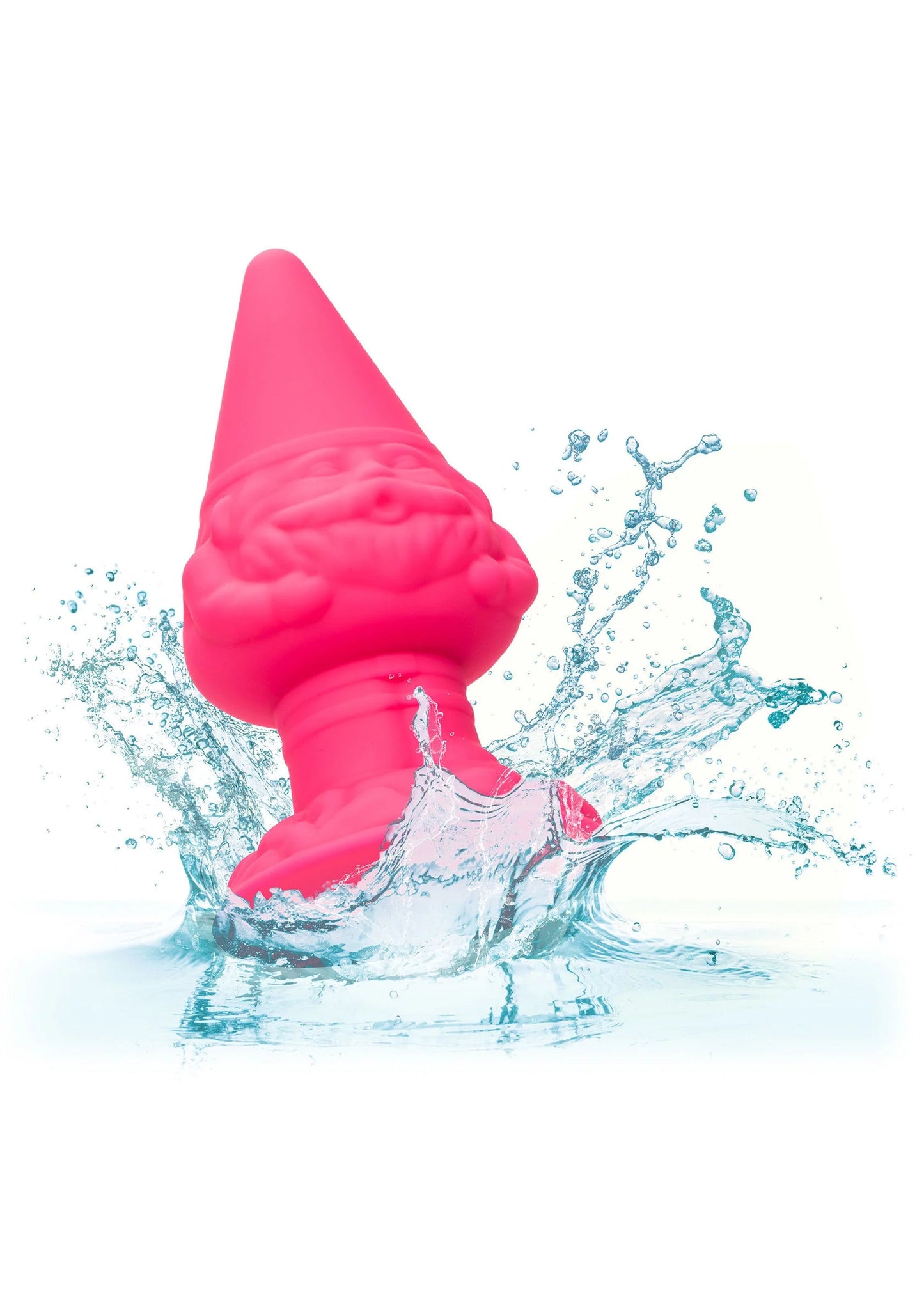 Roze gnome anusplug, staand met water in spatpatroon rond de voet.
