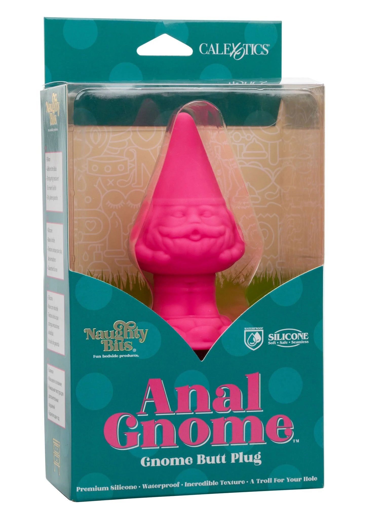 Verpakking van CalExotics Anal Gnome gnome anusplug, roze product in doos.