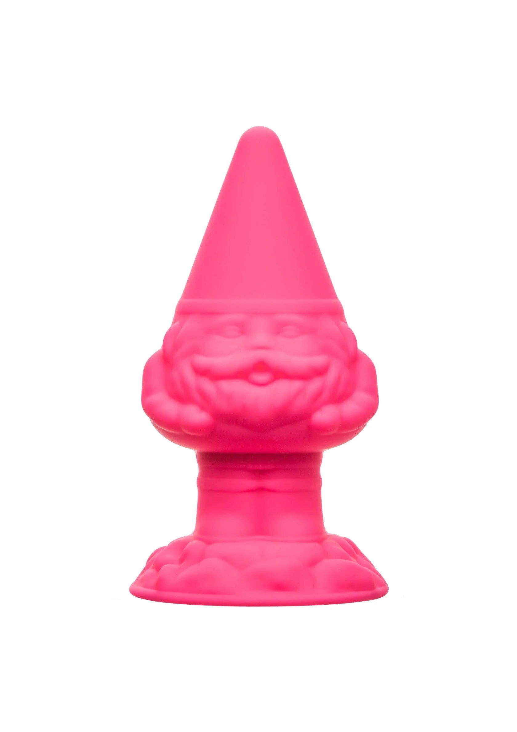 Roze gnome anusplug, frontaanzicht met puntige hoed en brede basis.