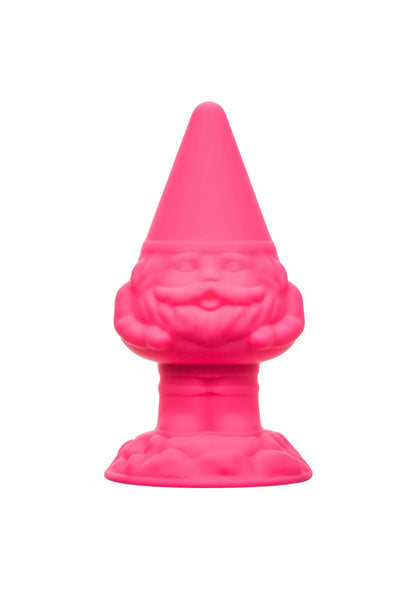 Roze gnome anusplug, frontaanzicht met puntige hoed en brede basis.