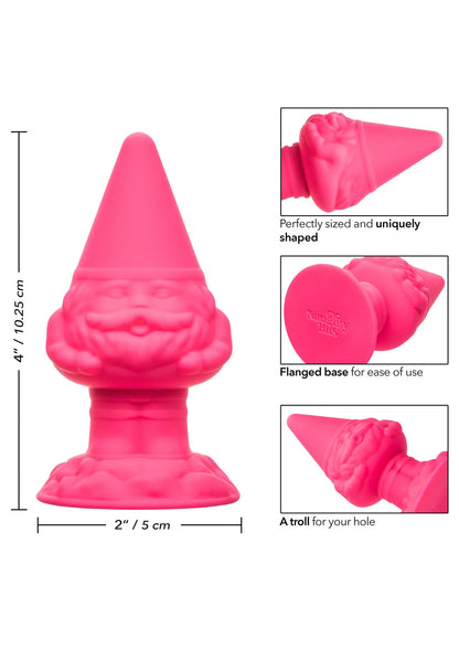 Roze gnome anusplug met afmetingen 4,1/7,0" en 2"/5 cm, met use-icoontjes.
