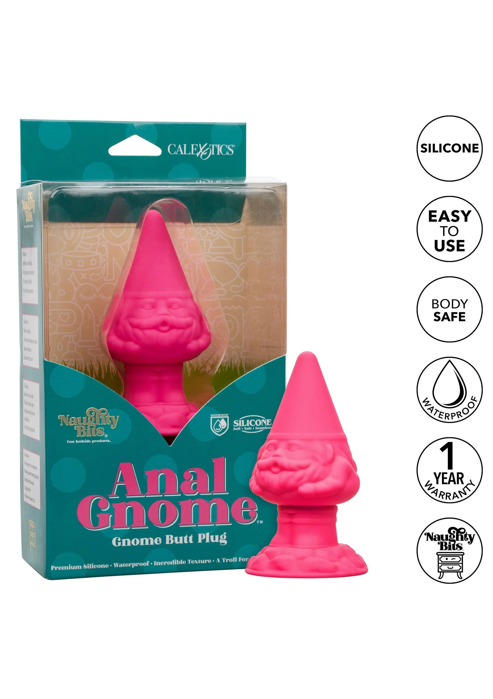 CalExotics Anal Gnome gnome anusplug in verpakking met roze plug en keuricons.