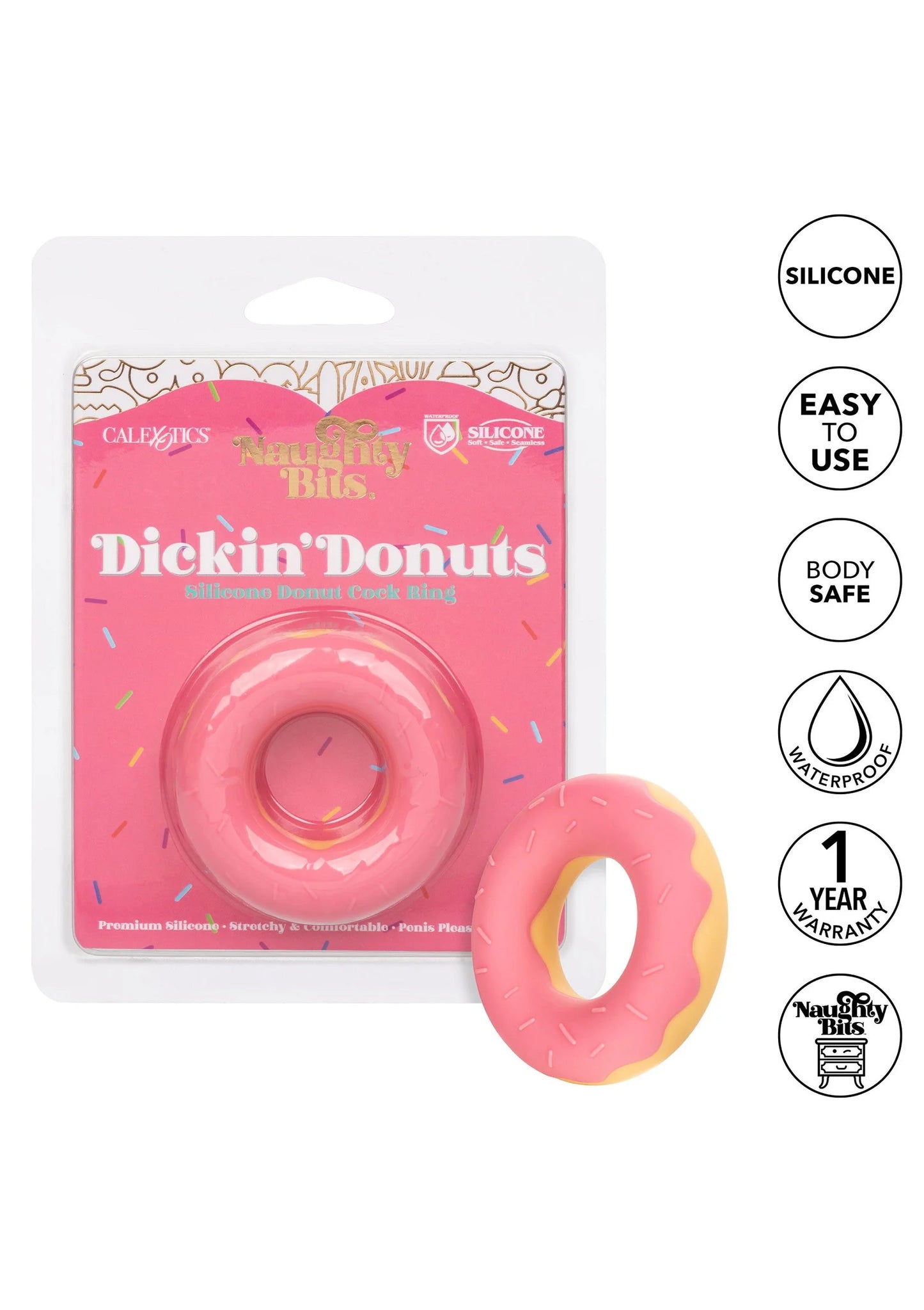 Roze siliconen donut-cockring in verpakking, plus losse donut ring