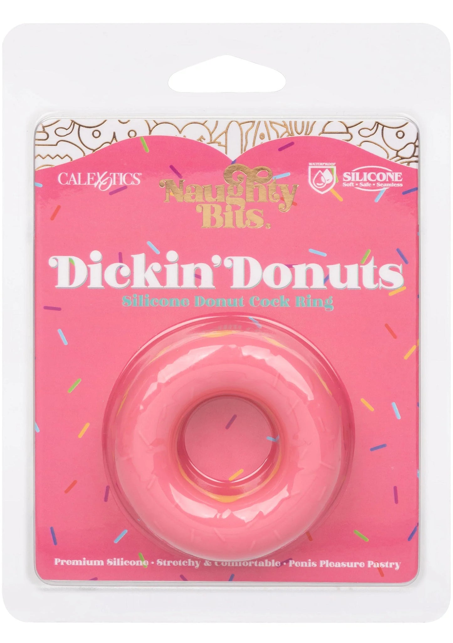 Verpakte roze siliconen donut-cockring met opschrift “Dickin’ Donuts” van CalExotics