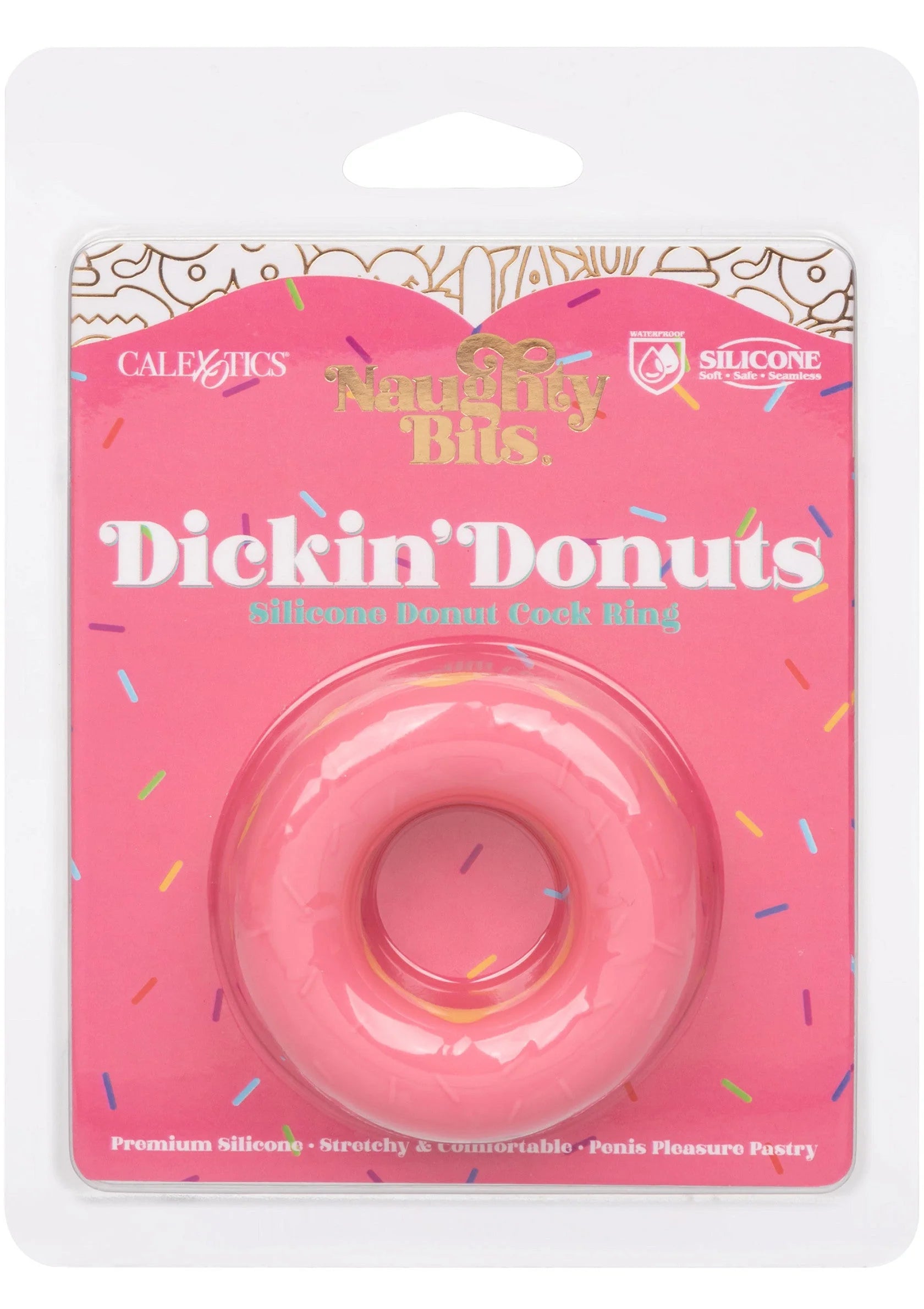 Verpakte roze siliconen donut-cockring met opschrift “Dickin’ Donuts” van CalExotics
