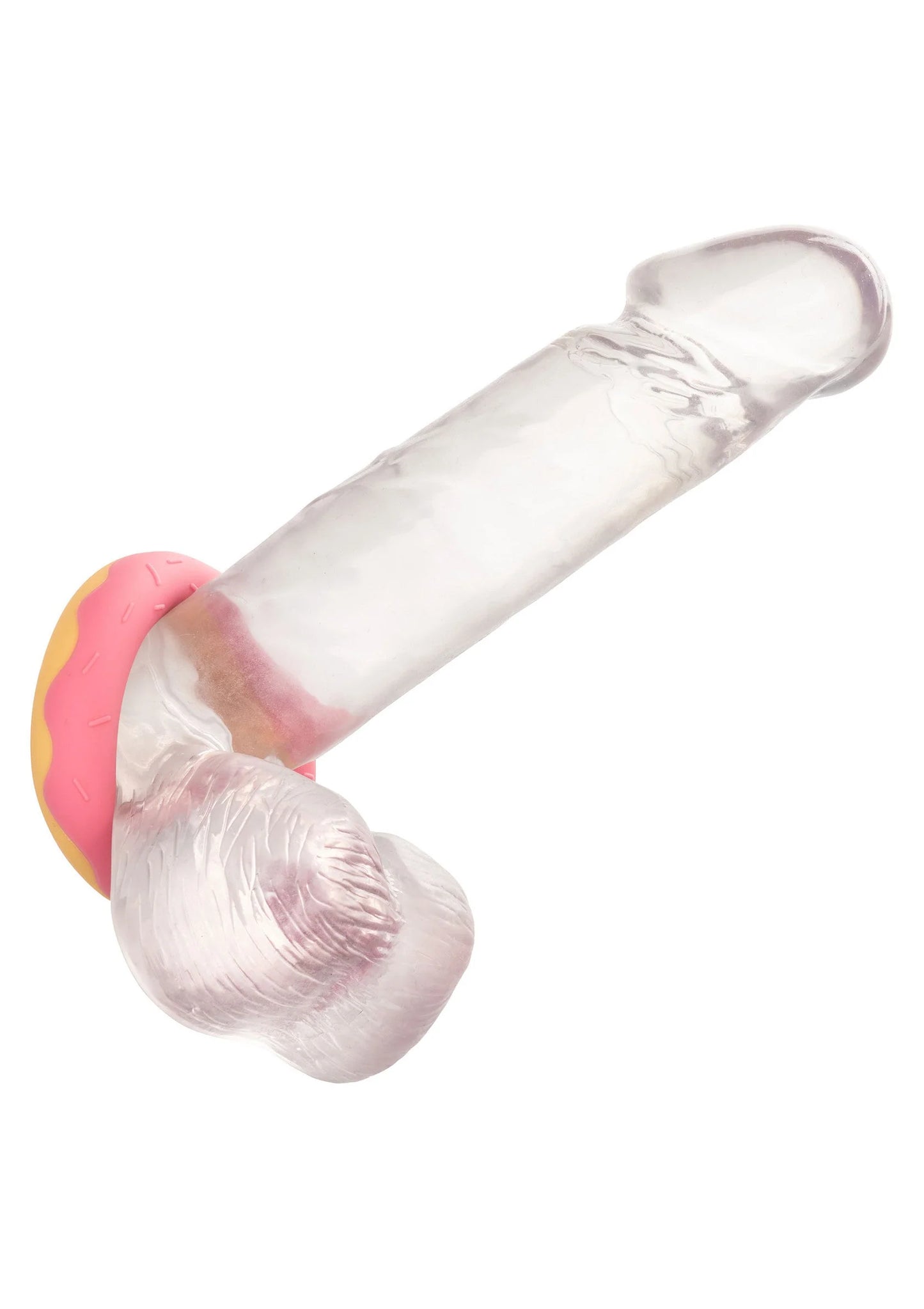 Roze siliconen donut-cockring met gele rand rond de basis, zijaanzicht