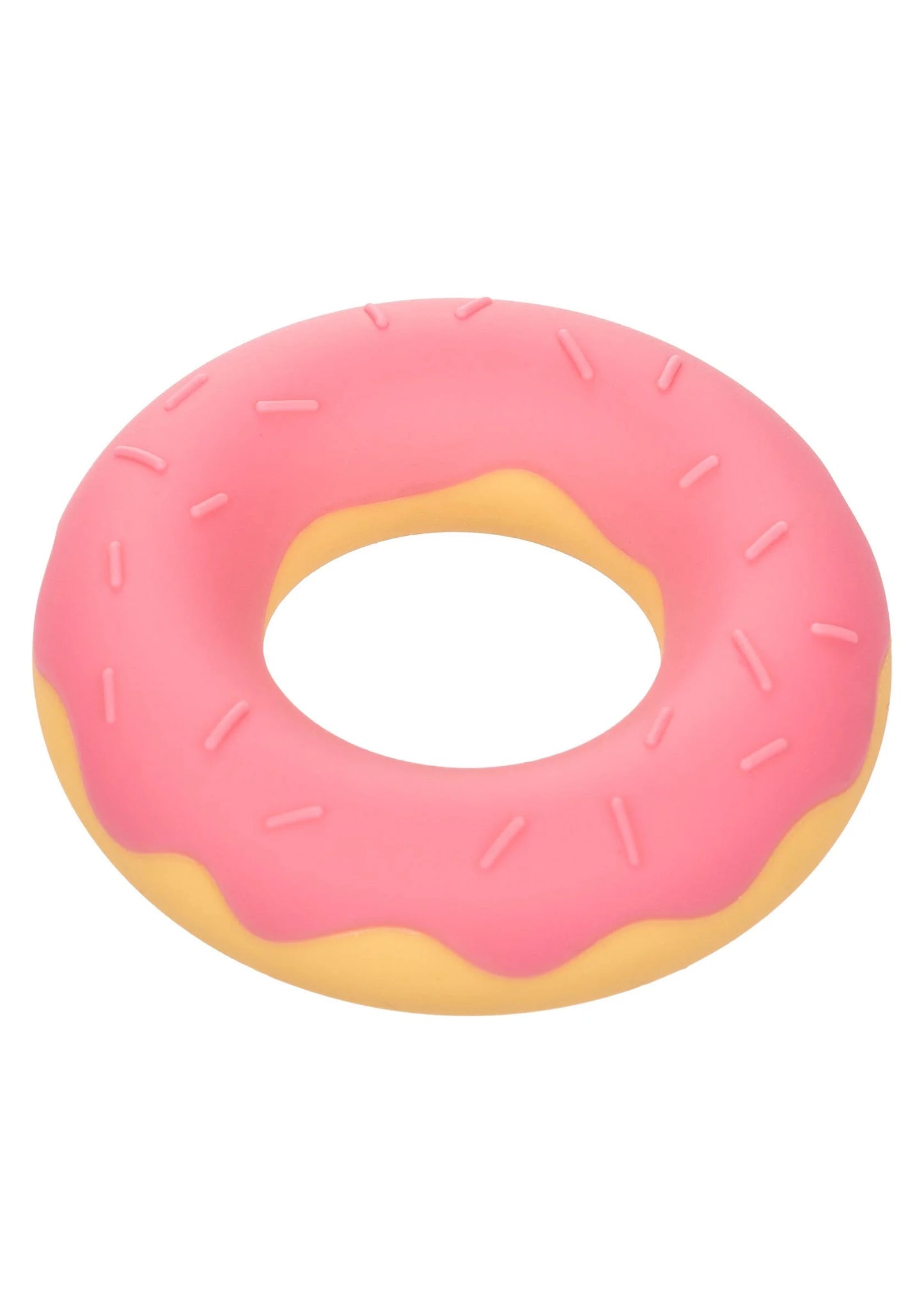 Roze siliconen donut-cockring met gele rand en sprinkles, schuin uitzicht