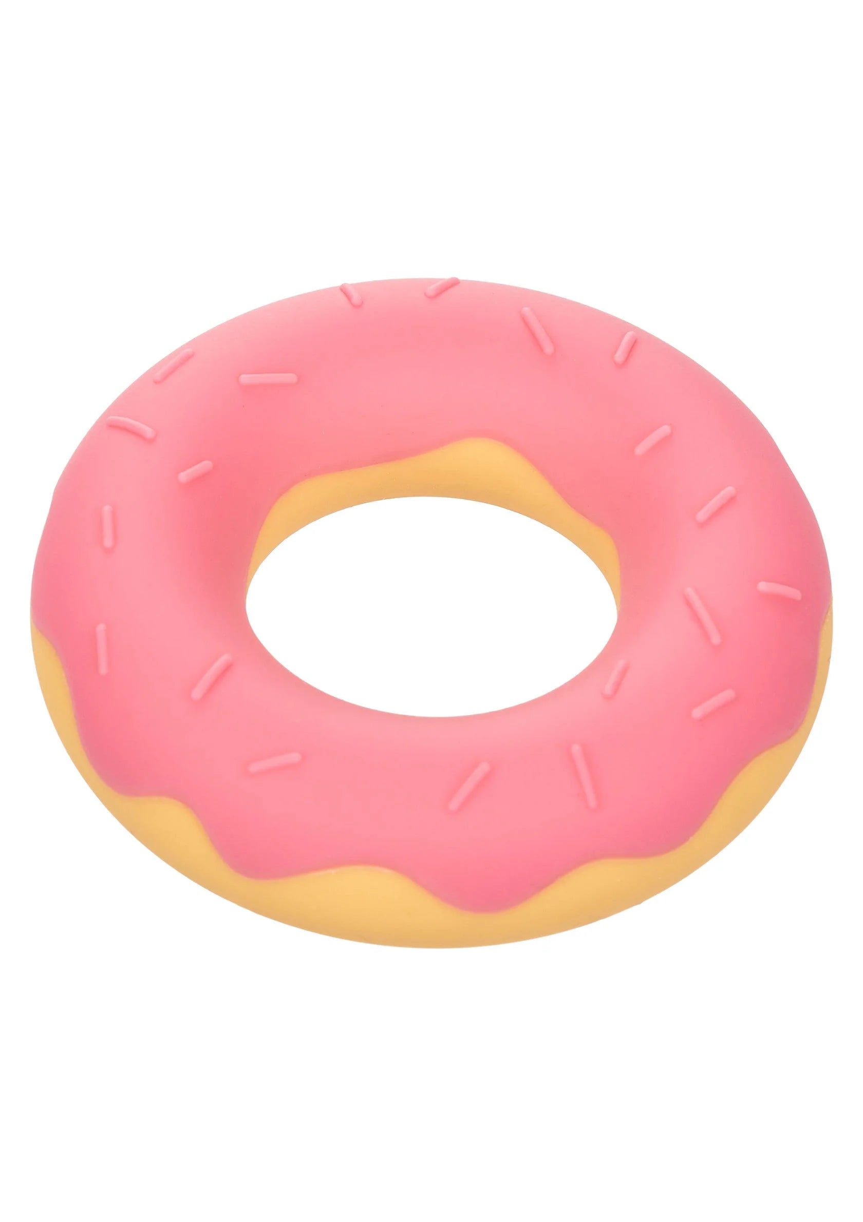 Roze siliconen donut-cockring met gele rand en sprinkles, schuin uitzicht