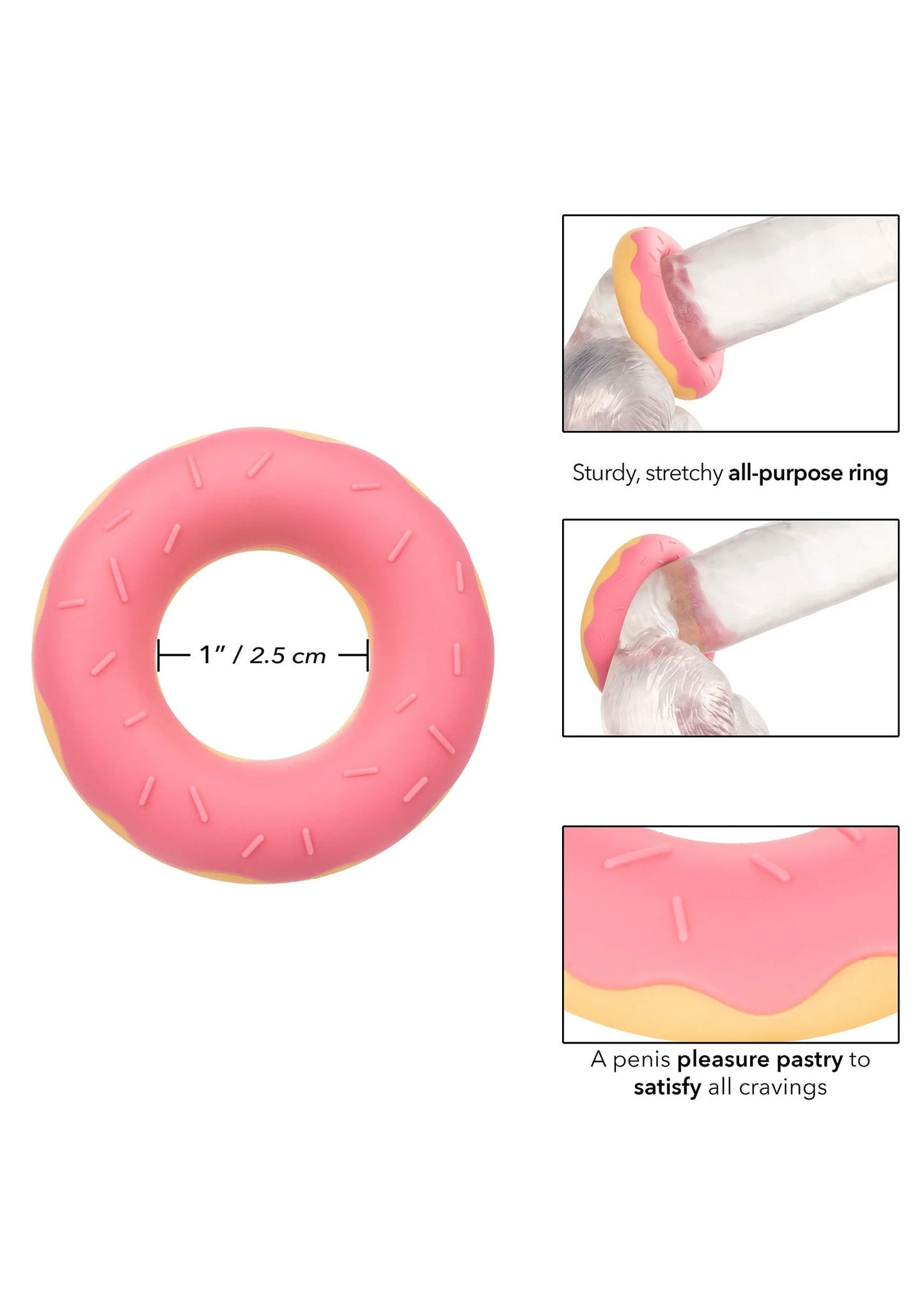 Roze siliconen donut-cockring met gele rand, maatindicatie 2,5 cm