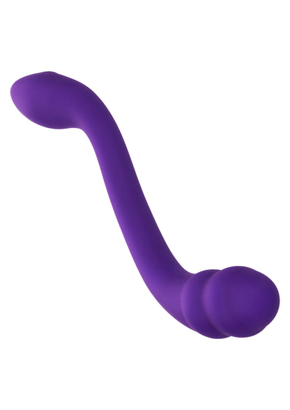 Paarse gebogen vibrator met twee uiteinden, zijaanzicht