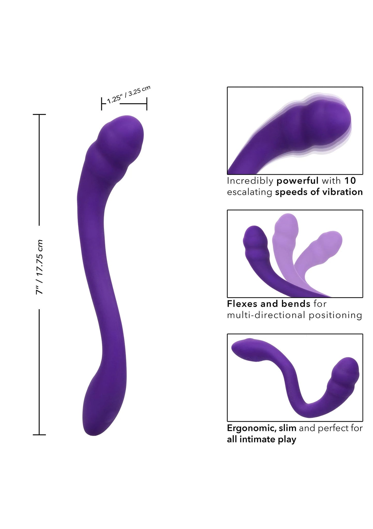 Paarse handvibrator met flex-illustraties en afmetingen op doos