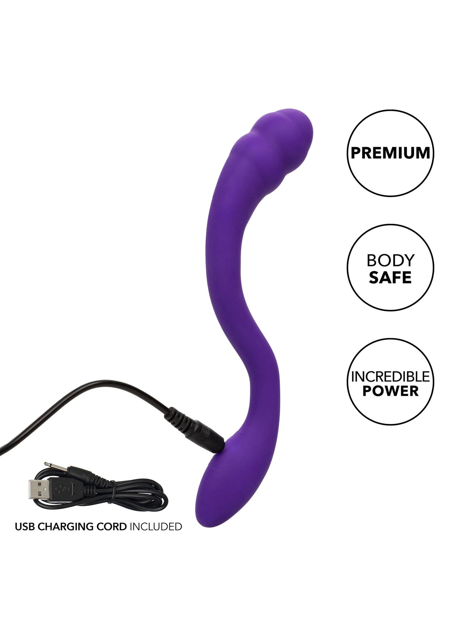 Paarse vibrator met USB-oplaadkabel en label voor premium body safe power