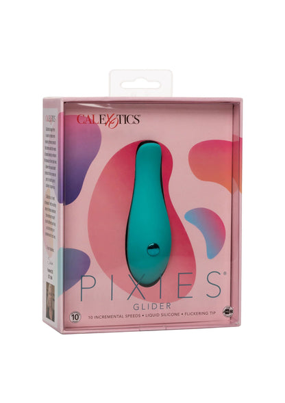 CalExotics Pixies glijder-vibrator in verpakking, turkoois apparaat zichtbaar