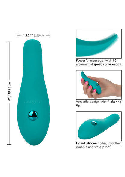 Turkooise glijder-vibrator met afmetingen-markering en ronde metalen knop