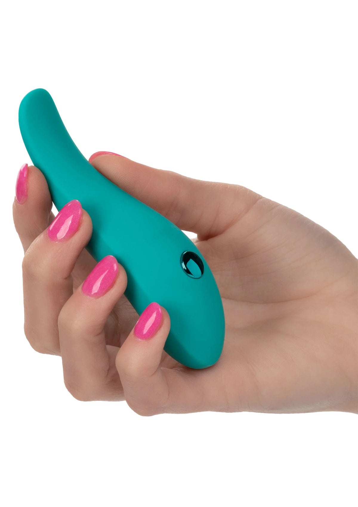 Turkooise glijder-vibrator vastgehouden in hand, ronde metalen knop zichtbaar