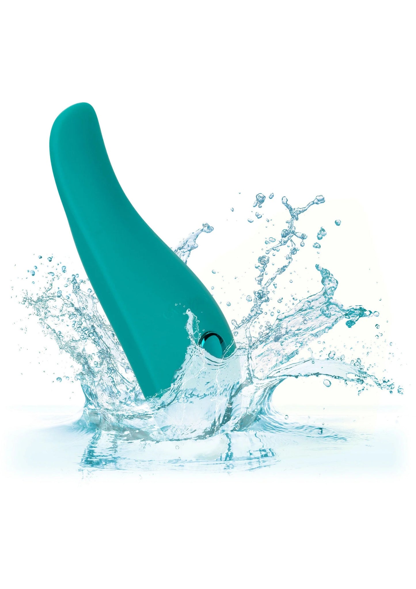 Turkooise glijder-vibrator in water-splash, ronde opening/knop zichtbaar