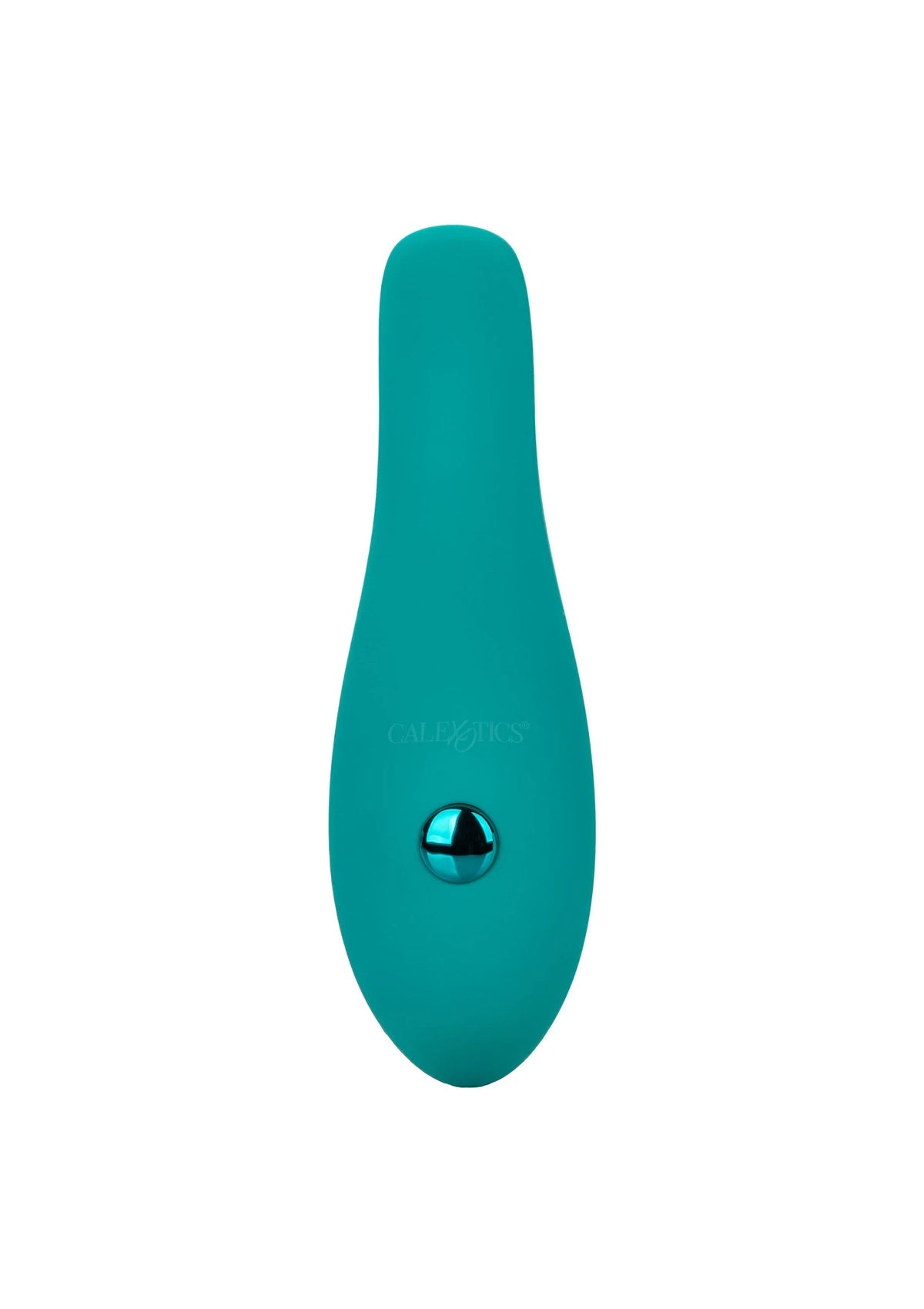 Turkooise glijder-vibrator met ronde metalen knop in het midden