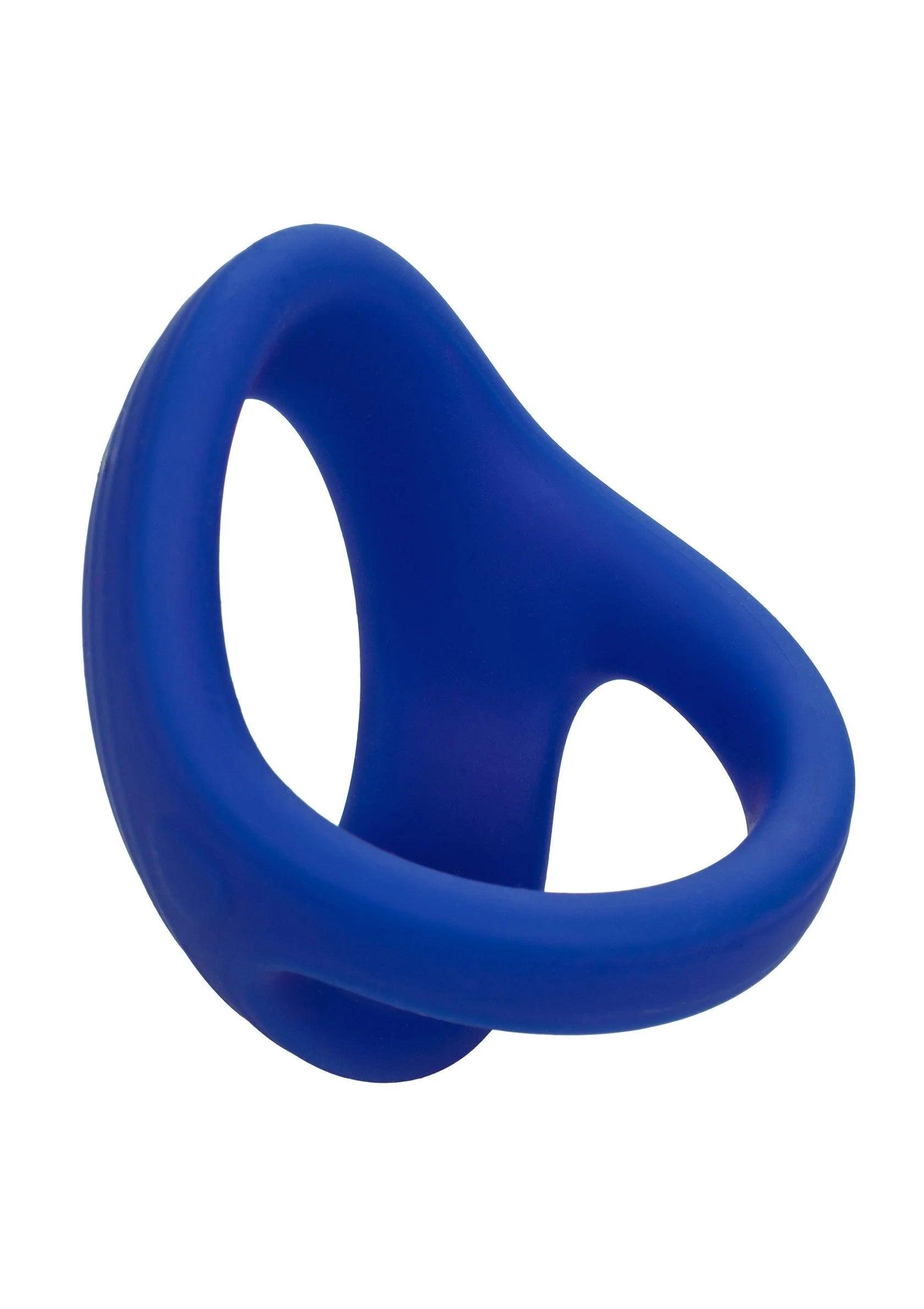 Blauwe cockring met dubbele ring, zijaanzicht met ovale opening