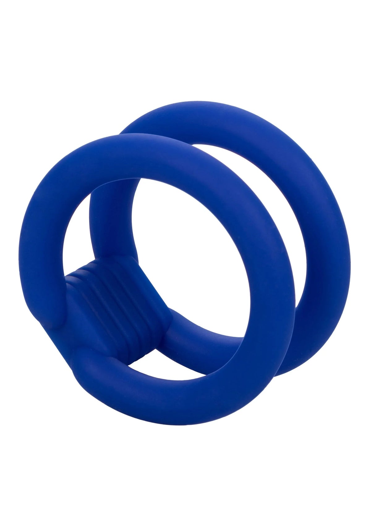 Blauwe dubbele peniskooi met twee ringen en ribbels in het midden