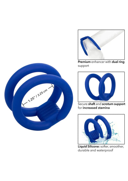 Blauwe dubbele cockring met geribbelde binnenring; detail met afmetingen