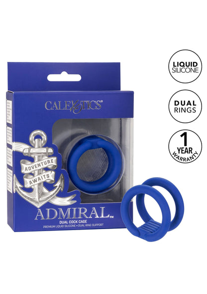Verpakking en losse blauwe dubbele cockring, met dual rings en liquid silicone