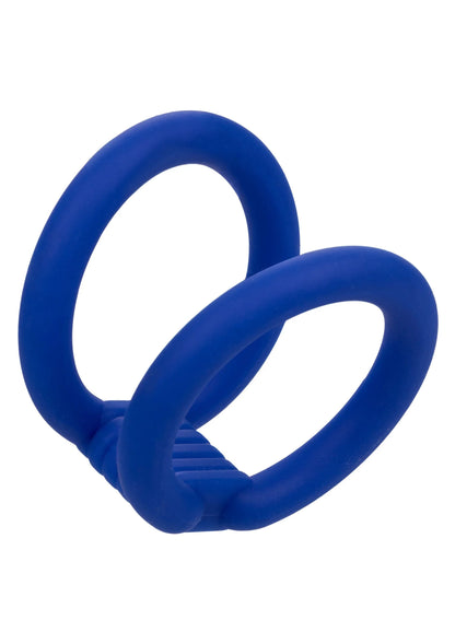 Blauwe dubbele cockring; twee ronde ringen met geribbelde binnenkant