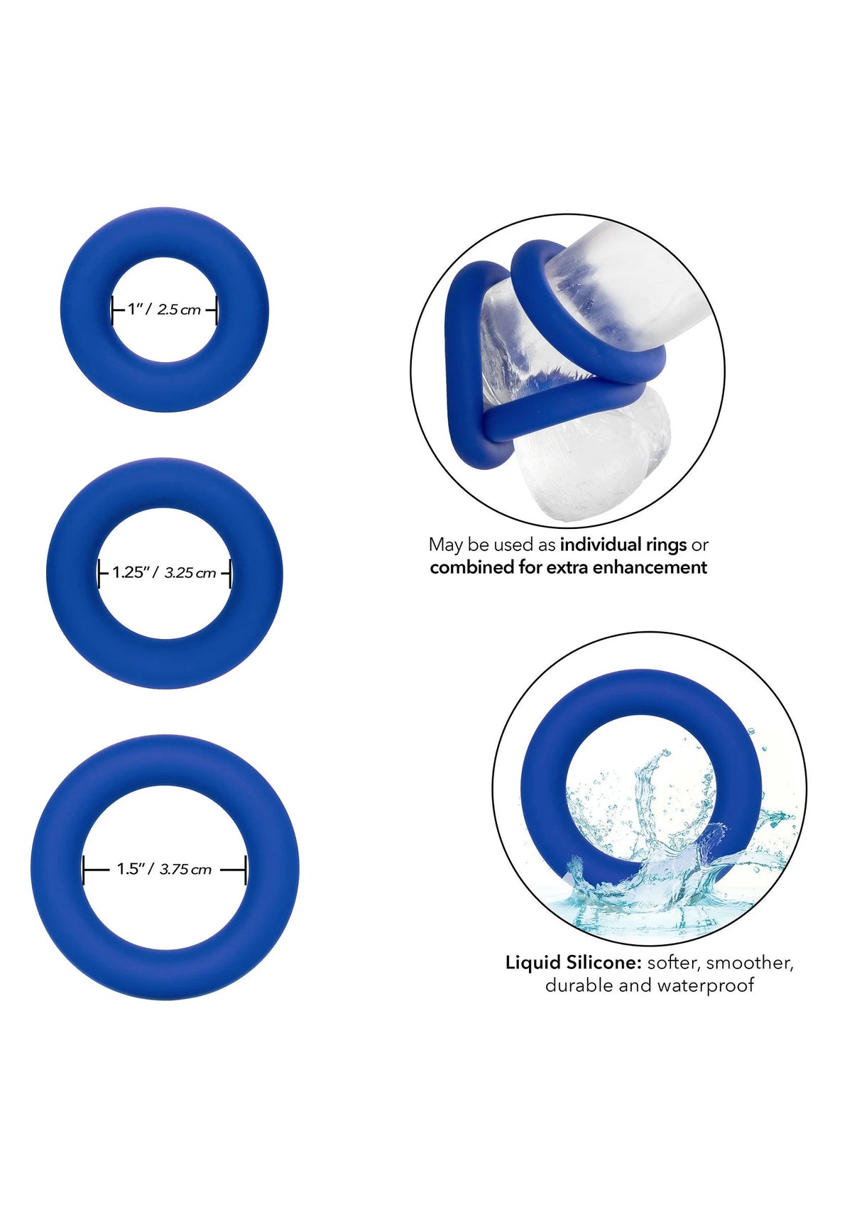 Blauwe siliconen cockring set van drie, met maatindicatie en gebruik