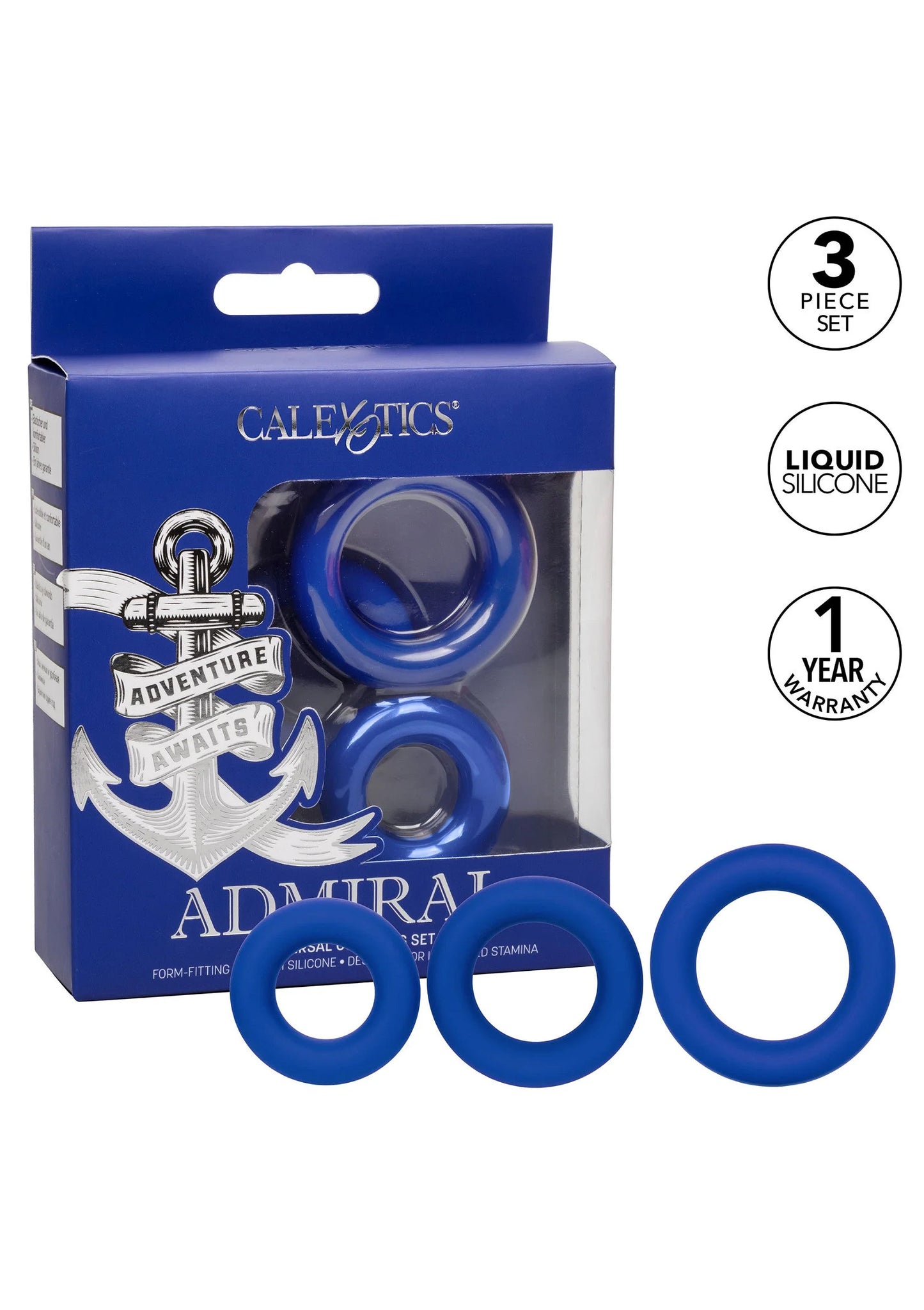 Blauwe CalExotics doos met 3-delige liquid silicone cockring set