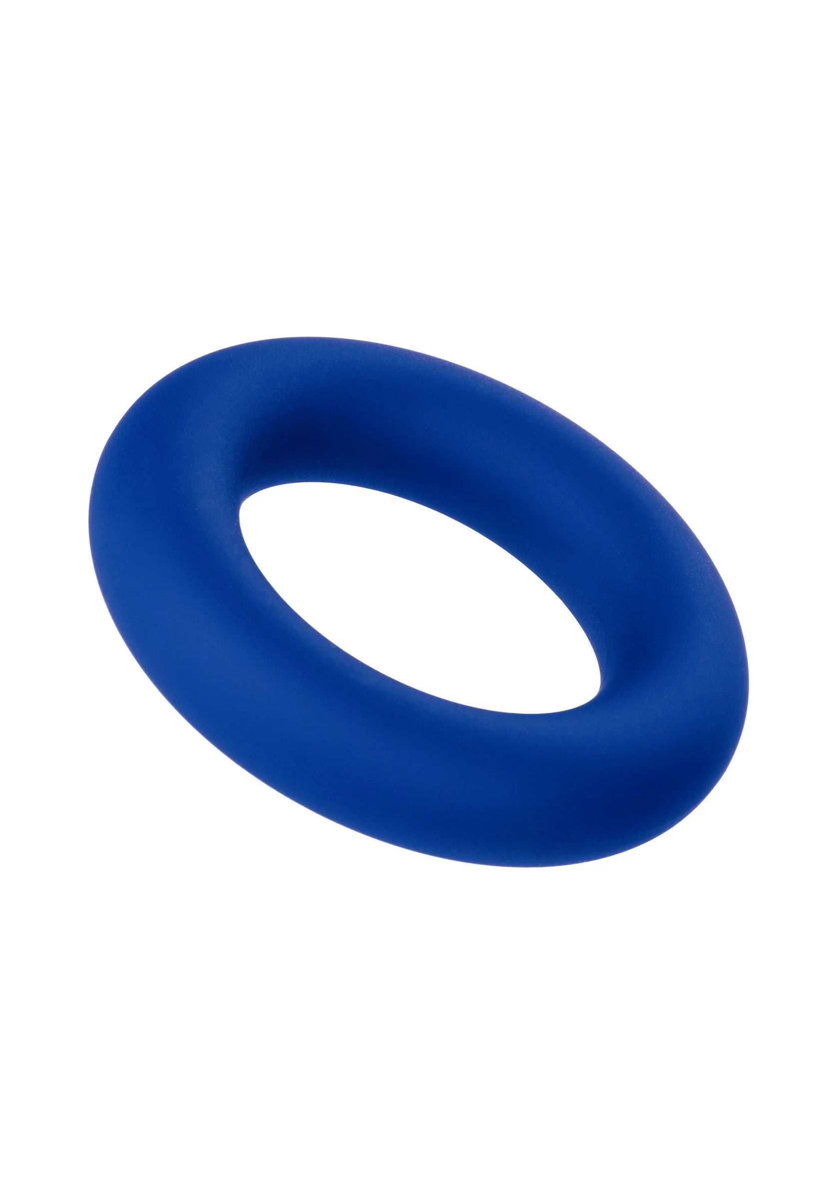 Blauwe siliconen cockring met centrale opening, glad en afgerond