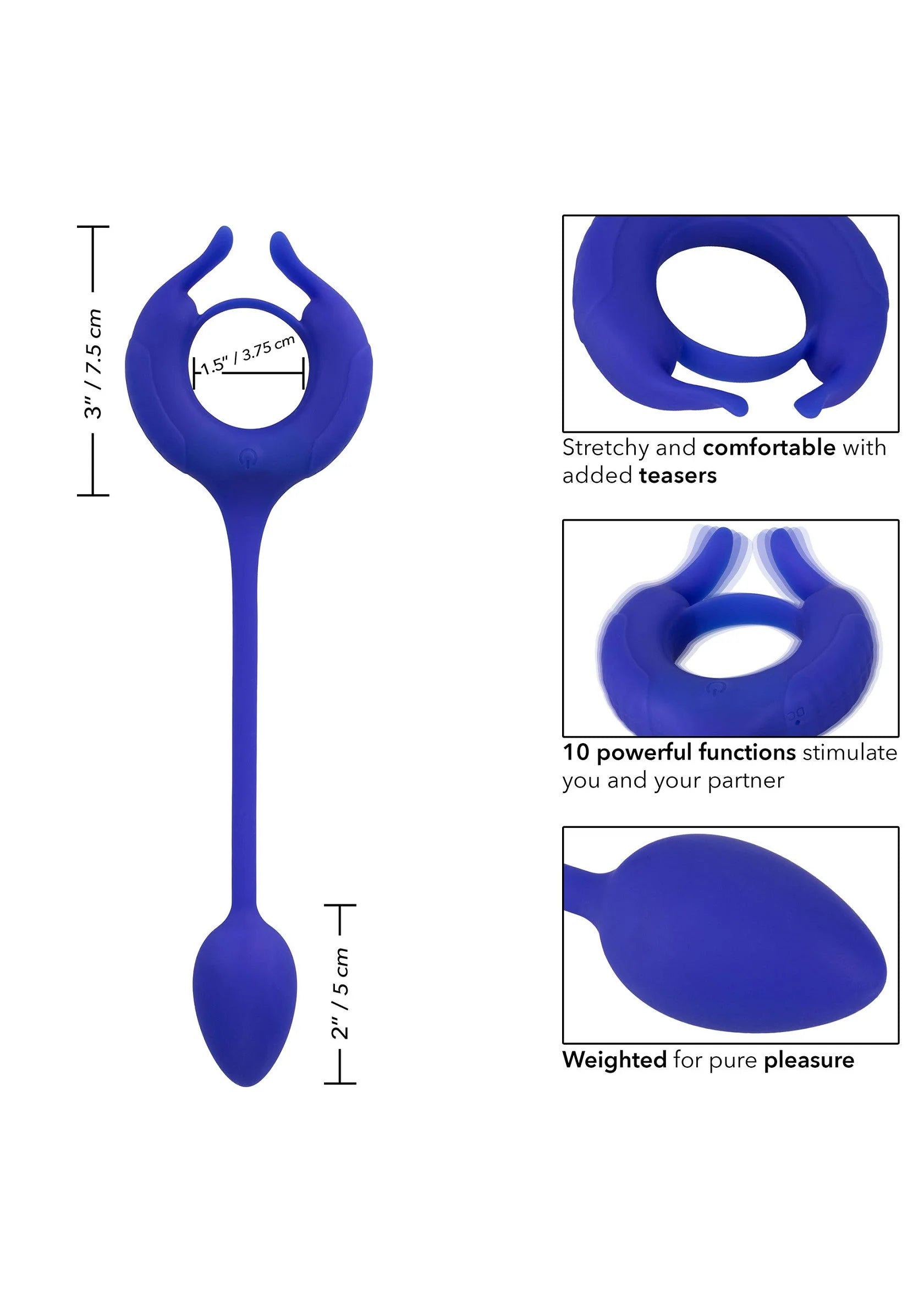 Blauwe siliconen penisring met staart; afmetingen in cm aangegeven