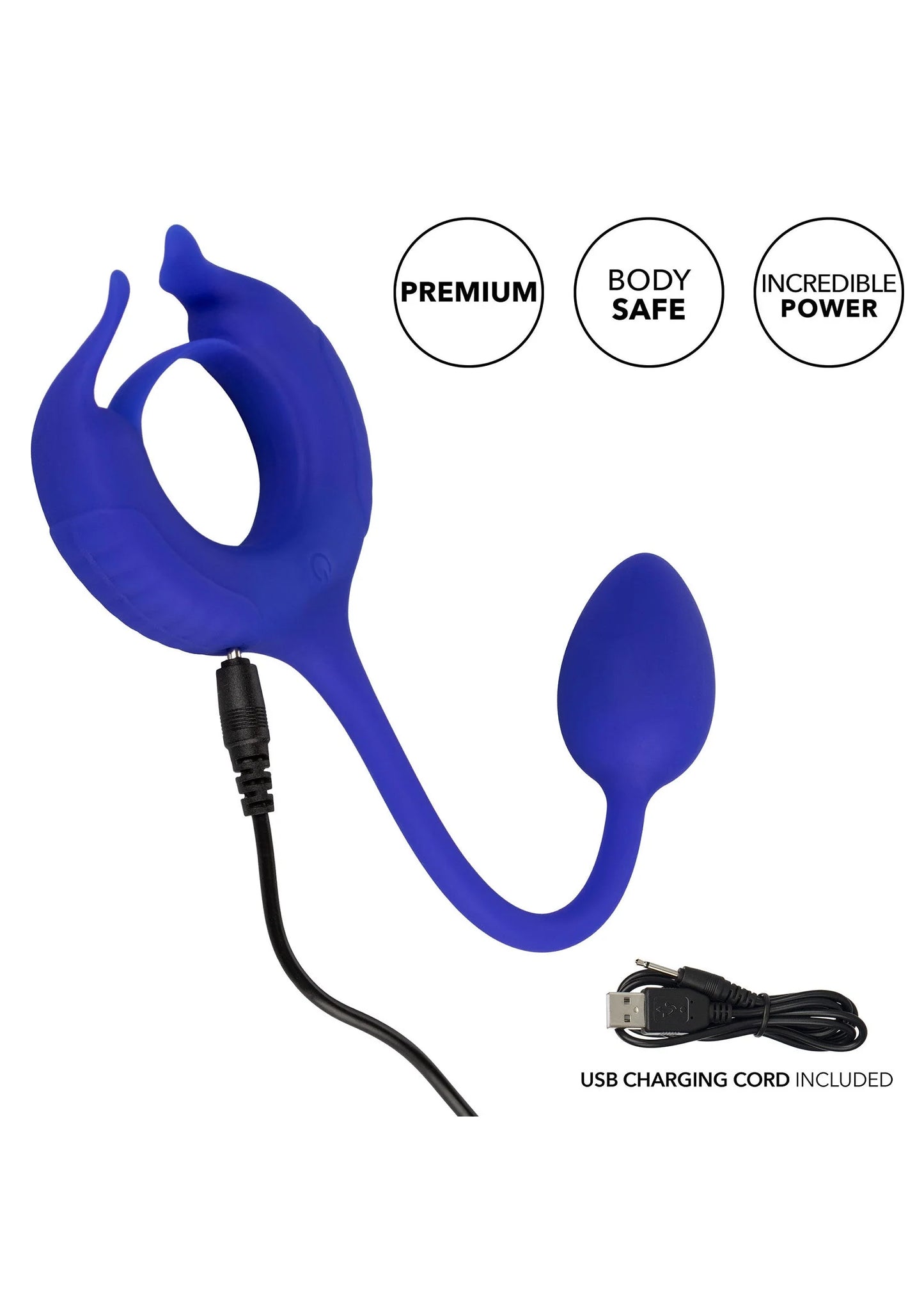 Blauwe siliconen penisring met staart en USB-oplaadkabel