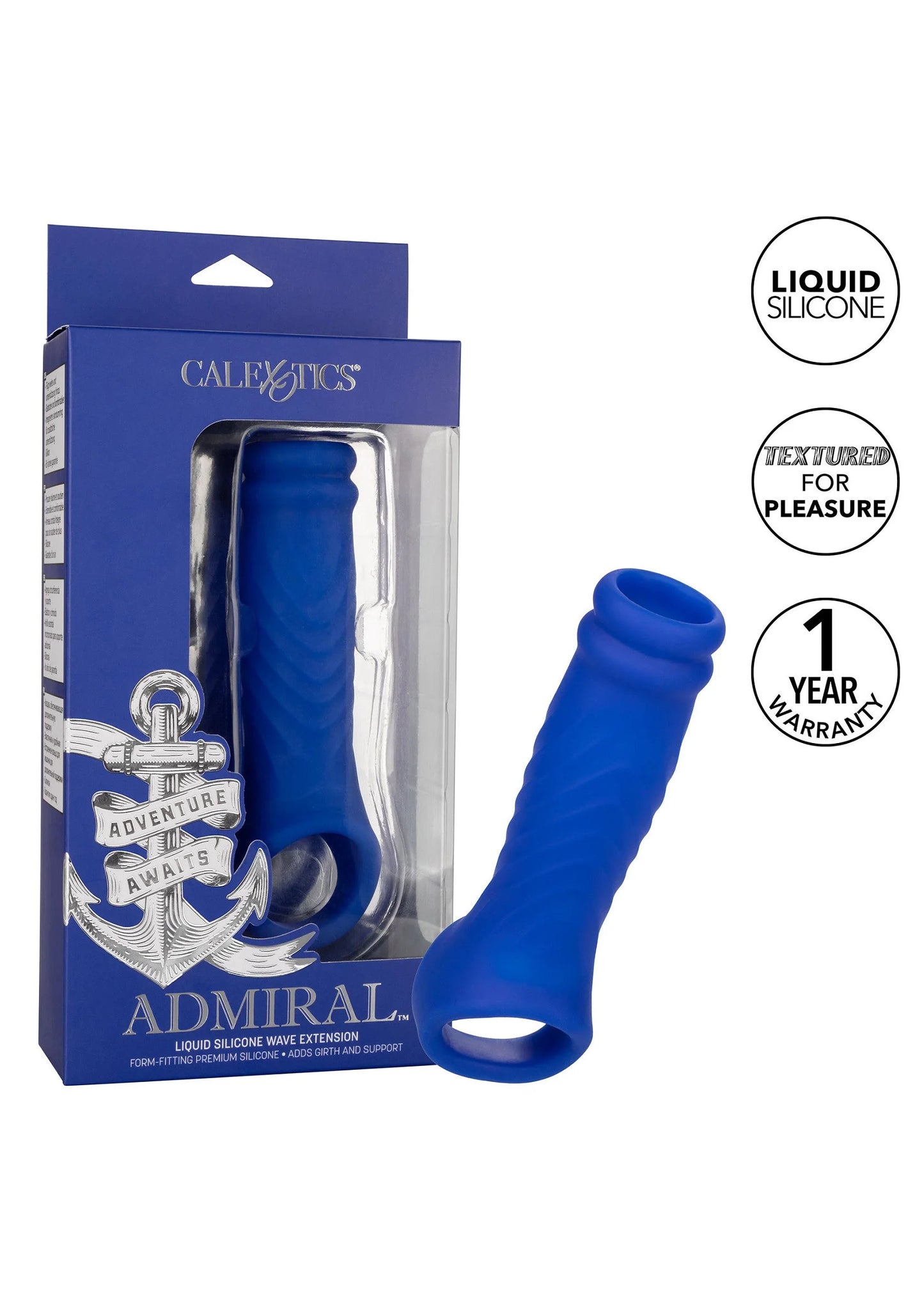 CalExotics Admiral siliconen extensie, blauw, in blisterverpakking