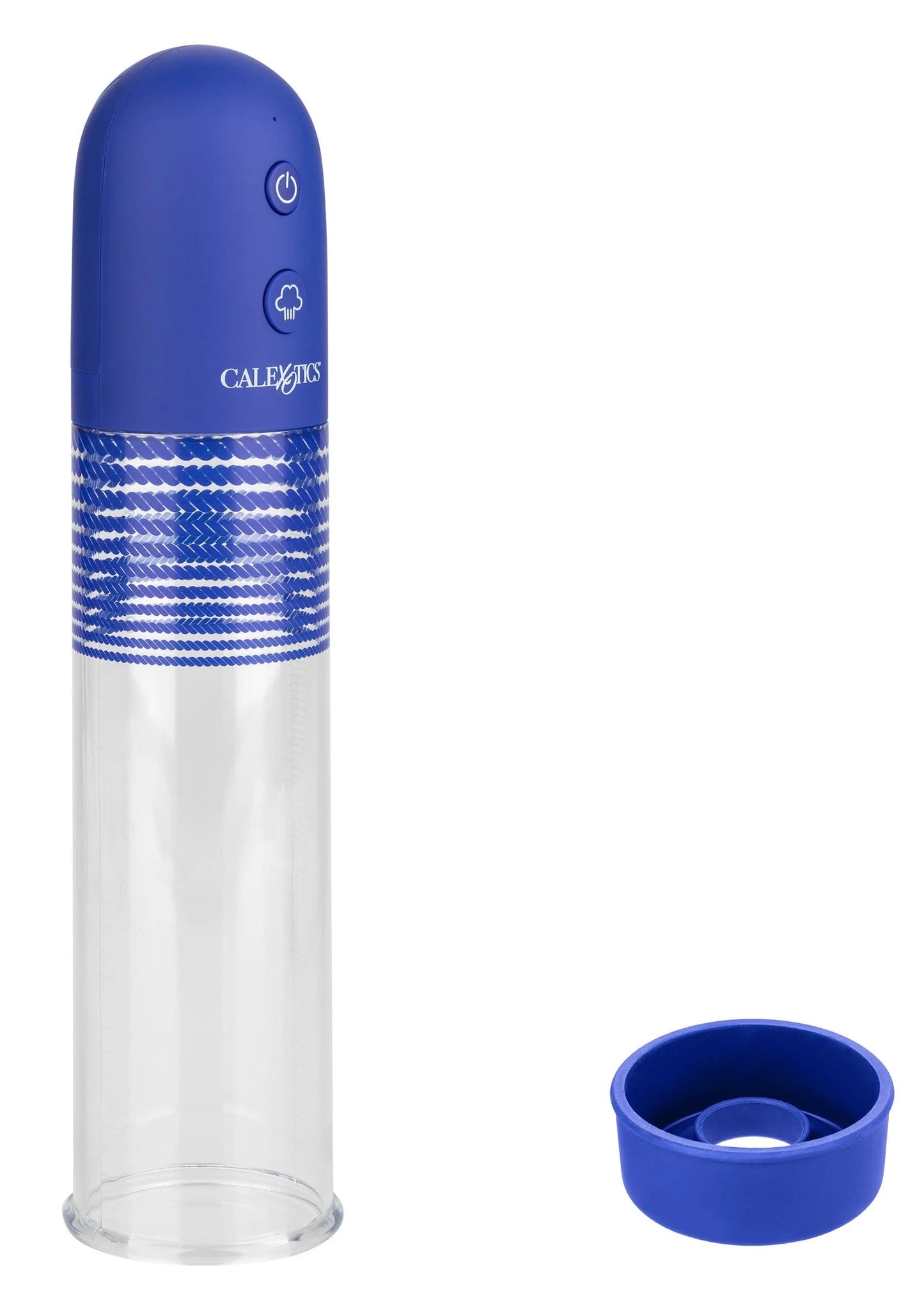 Transparante pompcilinder met blauwe bedieningskop en blauwe gaasband